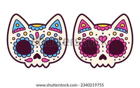 Two cute cartoon Mexican painted cat skulls, male and female. Dia de los Muertos (Day of the Dead) drawing, vector illustration.