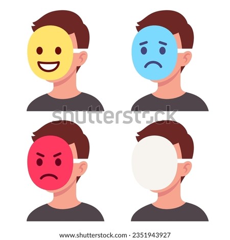 Person with emoji mask covering face, showing emotion through icons. Happy, sad, angry, and blank face. Vector clip art illustration.