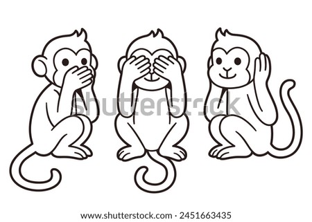 Three wise monkeys with hands covering eyes, ears and mouth: See no evil, Hear no evil, Speak no evil. Cute cartoon illustration, line art drawing.