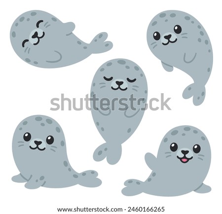 Cute cartoon grey harbor seals set. Simple kawaii illustration in flat vector style.