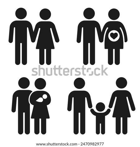 Couple pregnancy, childbirth and parenthood icon set. Man and woman with baby and toddler. Simple people figure icons, vector symbols.