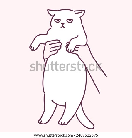 Hands holding up grumpy looking fat cat. Funny cartoon drawing, cute and simple vector illustration. Chubby white cat doodle.