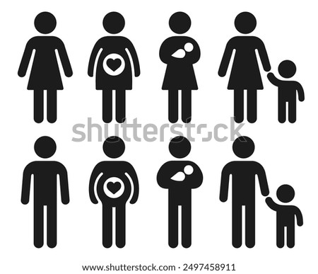 Pregnancy, childbirth and parenthood icon set. Woman and man or gender neutral person stick figure with baby and child. Vector pictogram symbols.