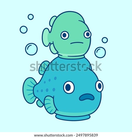 Two lumpsucker fish on top of each other. Cute cartoon lumpfish character drawing. Vector illustration.