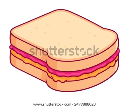 PBJ sandwich drawing. White toast bread with peanut butter and raspberry jam. Cartoon vector illustration.