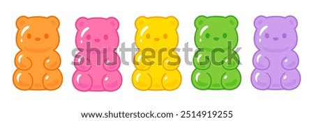 Cute cartoon gummy bears drawing set. Colorful bear shaped candy vector clip art Illustration.