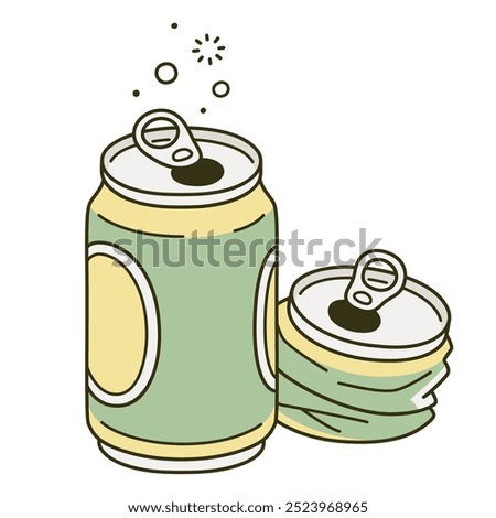 Two empty beer cans cartoon drawing. Crushed aluminum can trash after party. Simple vector illustration.