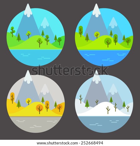 landscape scene in four different seasons of the year, isolated inside a circle
