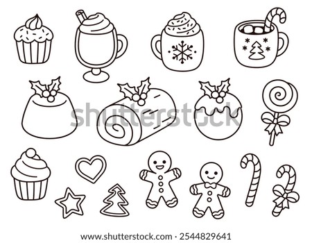 Traditional Christmas food: desserts, drinks, cookies and sweets. Hand drawn doodles, black and white line art. Cute cartoon vector illustration set.