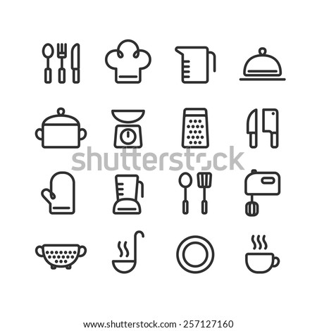 Set of clean line icons featuring various kitchen utensils and cooking related objects.
