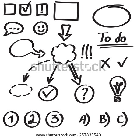 Set of graphic elements, hand drawn with marker on whiteboard. Arrows, flowcharts and other symbols to mix and match in different ways.