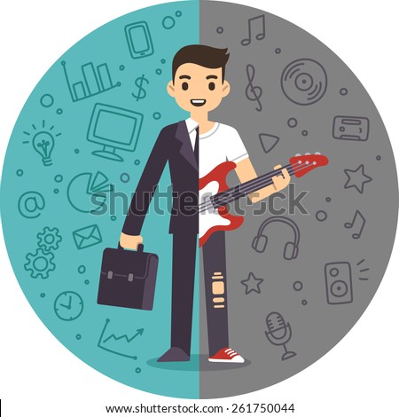 Illustration of the concept of life and work balance. Young businessman in suit on the left and with a guitar on the right. Background is separated into two thematic parts.
