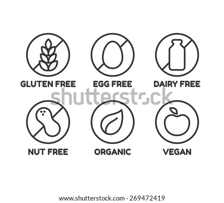 Set of icons illustrating absence of common food allergens (gluten, dairy, egg, nuts) plus vegan and organic signs.