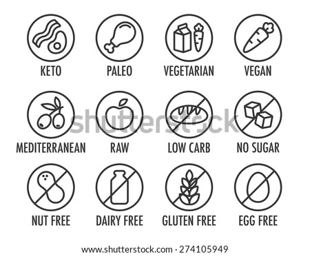 Set Of Round Icons Of Various Diets And Ingredient Labels. Including ...