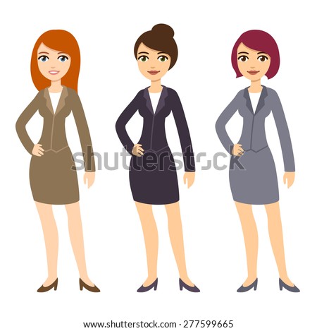 Three Cartoon Young Businesswomen In Formal Clothes Of Various Colors ...