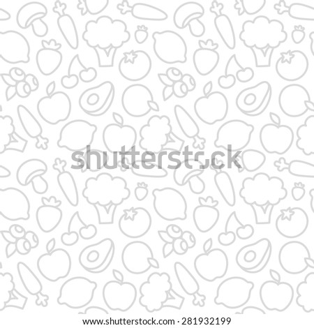 Seamless pattern of fruits and vegetables outlines. Minimalistic, subtle and unobtrusive; suitable for website backgrounds.