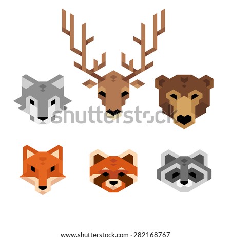 Stylized geometric animal heads (wolf, deer, bear, fox, red panda, raccoon) in clean minimalistic style.