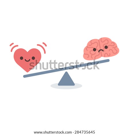 Illustration of the concept of balance between logic and emotion. Cartoon brain and heart with cute faces on a scale. Simple and modern flat vector style, isolated on white background.