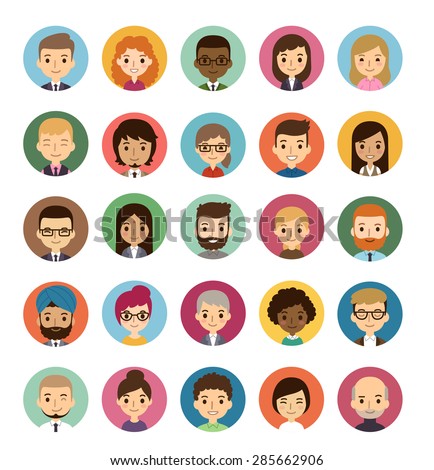 Set of diverse round avatars isolated on white background. Different nationalities, clothes and hair styles. Cute and simple flat cartoon style.