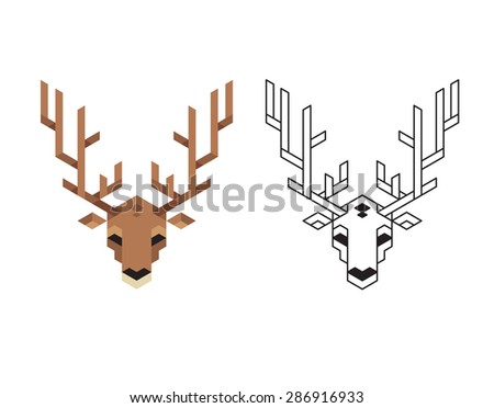 Stylized polygonal deer head with antlers in two variants: flat colors and black wireframe.