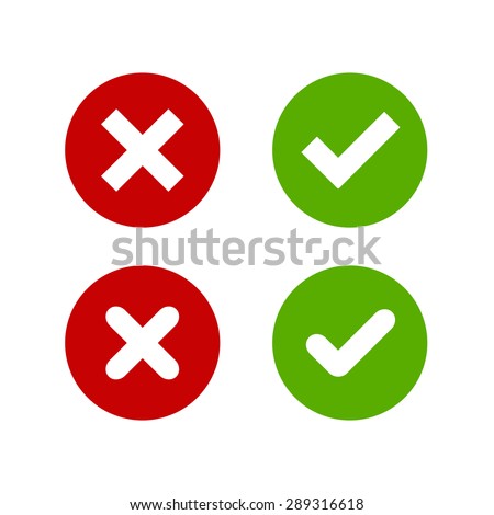 A set of four simple web buttons: green check mark and red cross in two variants (square and rounded corners).