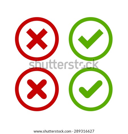 A set of four simple web buttons: green check mark and red cross in two variants (square and rounded corners).