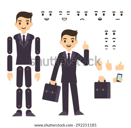 Young businessman cartoon character in formal suit, animation ready vector doll with separate joints. Extra gestures, facial expressions and items (suitcase, smartphone)