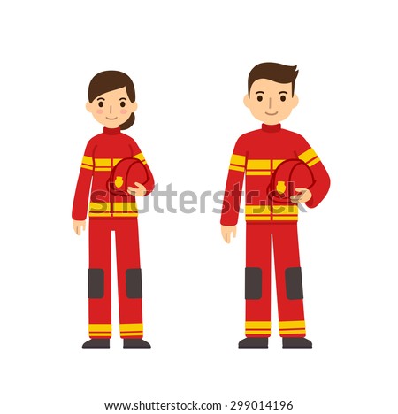 Two young firefighters, man and woman, in cute flat cartoon style. Isolated on white background.