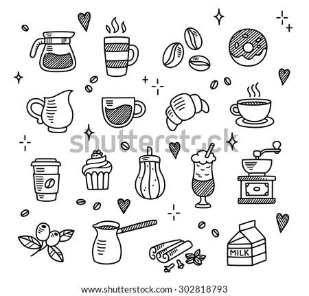 Large set of hand drawn coffee doodles: drinks, desserts, beans and other related objects.