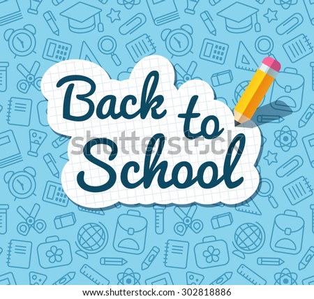 Back to school words banner on lined notebook paper and flat vector pencil on blue pattern of education related symbols. Texture can be tiled seamlessly in any direction. 