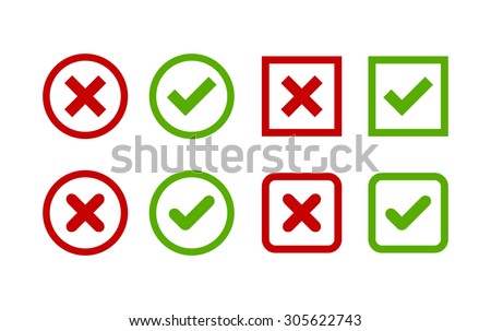 Set of simple web buttons: green check mark and red cross. Circle and square, with sharp and rounded corners.