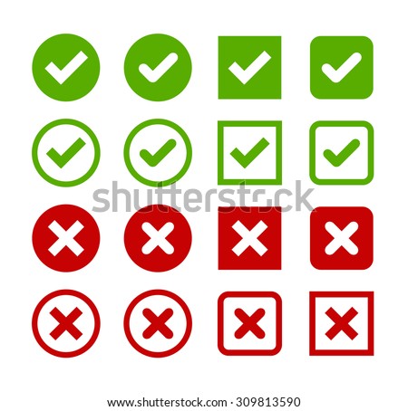 Large set of flat buttons: green check marks and red crosses. Circle and square, hard and rounded corners.