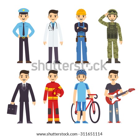 Cartoon men of 8 different professions: policeman, fireman, doctor, soldier, construction worker, businessman, athlete and musician.