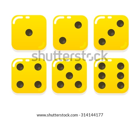 Cartoon yellow dice in modern flat vector style. Six states.