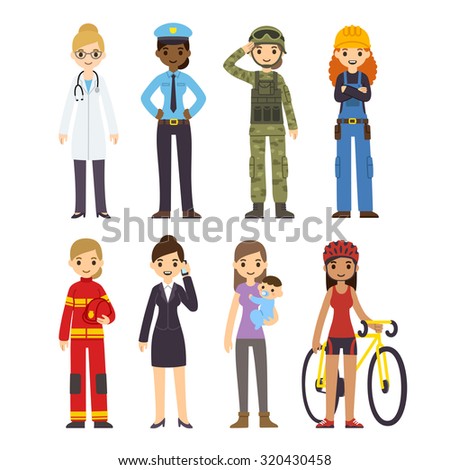 Set of diverse women of different professions: policeman, fireman, doctor, soldier, construction worker, businessman, athlete and stay at home mom. Cute cartoon vector illustration.