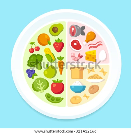Healthy diet infographics: nutritional recommendations for the contents of a dinner plate. Vector illustration.