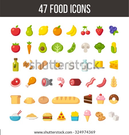 Large set of flat cartoon food icons: meat and dairy, fruits and vegetables, meals and desserts.