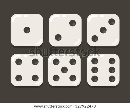 Cartoon dice, modern flat vector illustration, all six sides.