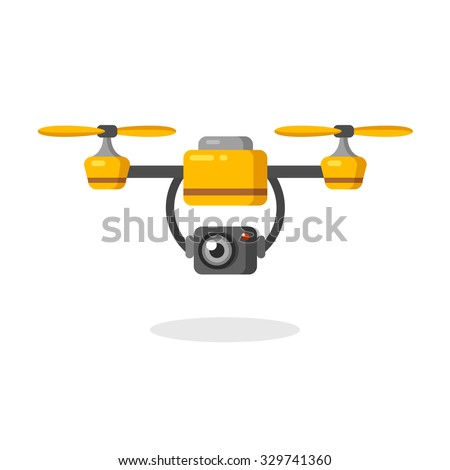 Quadcopter aerial drone with camera for photography or video surveillance. Flat cartoon vector illustration.