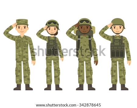 US Army soldiers, men and woman, in camouflage combat uniform saluting. Cute flat cartoon style. Isolated vector illustration.