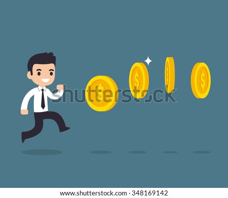 Cute cartoon businessman chasing coins video game style. Vector illustration.