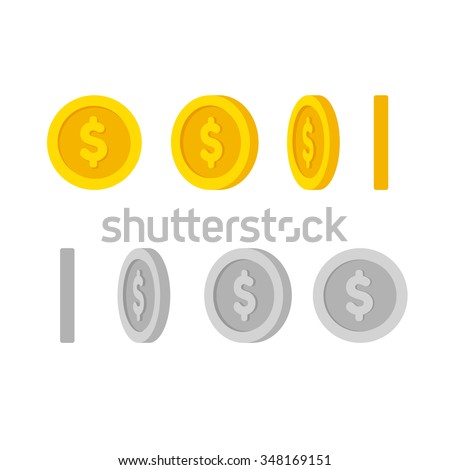 Flat cartoon gold and silver coins with dollar symbol, set of icons at different angles for animation. Modern vector illustration.