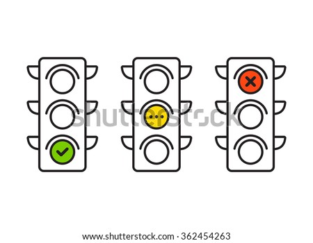 Traffic light interface icons. Red, yellow and green (yes, no and wait). Thin line vector buttons.