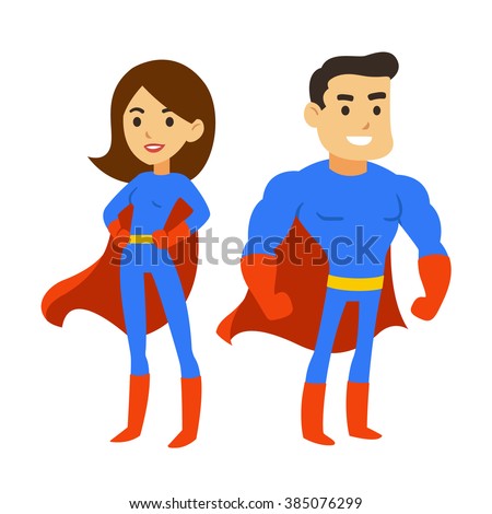 Cartoon Superhero Couple, Man And Woman In Comic Book Costumes With ...