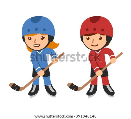 Cute Cartoon Hockey Players, Boy And Girl. Isolated Vector Illustration ...