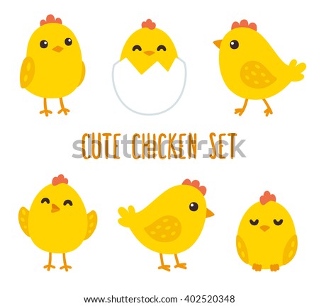 Cute cartoon chicken set. Funny yellow chickens in different poses, vector illustration.