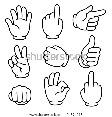 Cartoon hands gesture set, traditional cartoon white glove. Vector clip art illustration. 