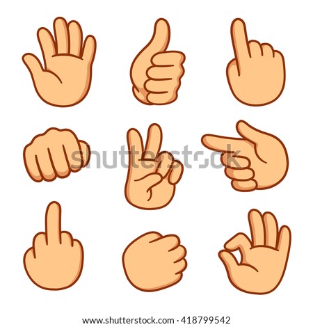 Cartoon hands set. Different gestures: pointing, attention, fist, thumbs up. Isolated vector illustration.