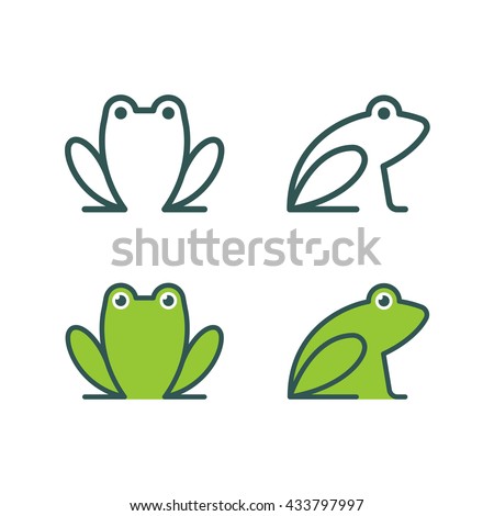 Minimalistic stylized cartoon frog logo. Line icon and colored version, front view and profile. Simple frog or toad vector illustration set.