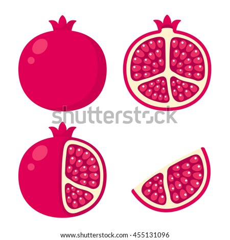 Whole and cut pomegranate icon set. Flat cartoon vector illustration.